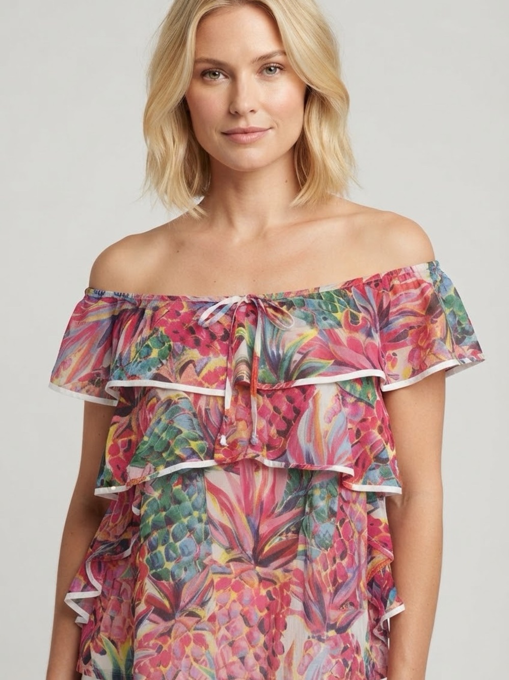 J. Crew Ruffle Top Pink Off-Shoulder Tropical Pineapple Print Top Cotton Size 12